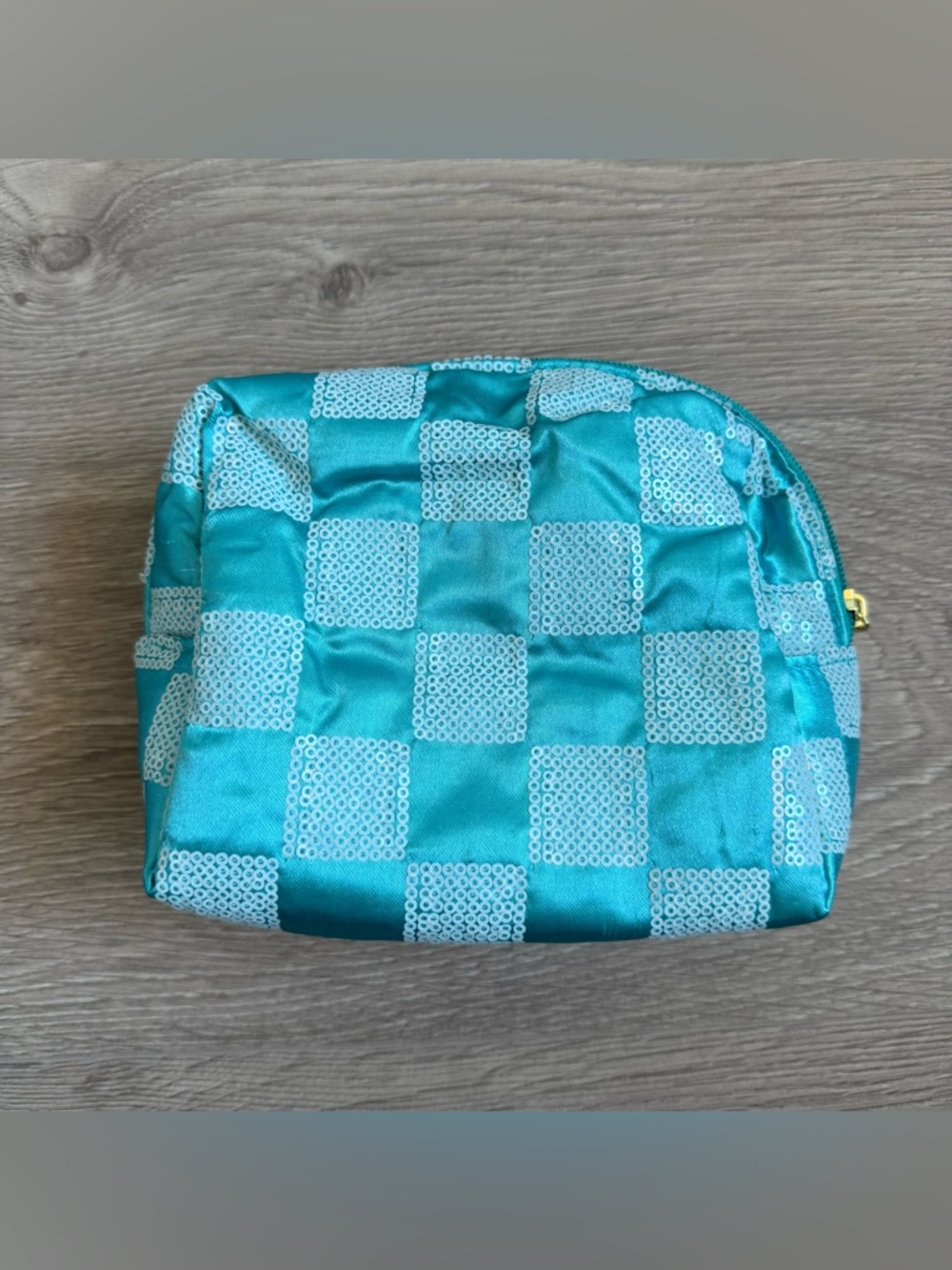 🆕 Teal Sequin Checkerboard Cosmetic Pouch Bag